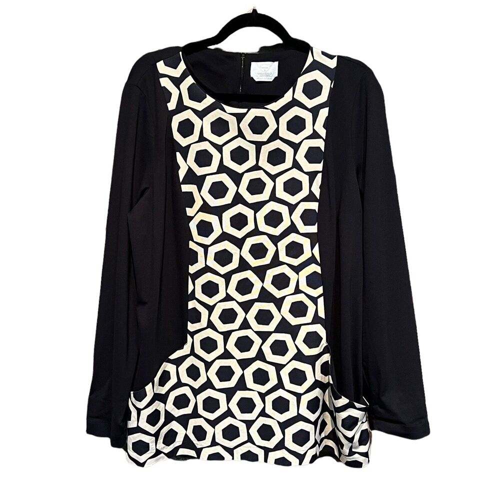 VOYAGE Marina Rinaldi Tunic Top Black White Geometric Print Long Sleeve Large - Picture 3 of 11